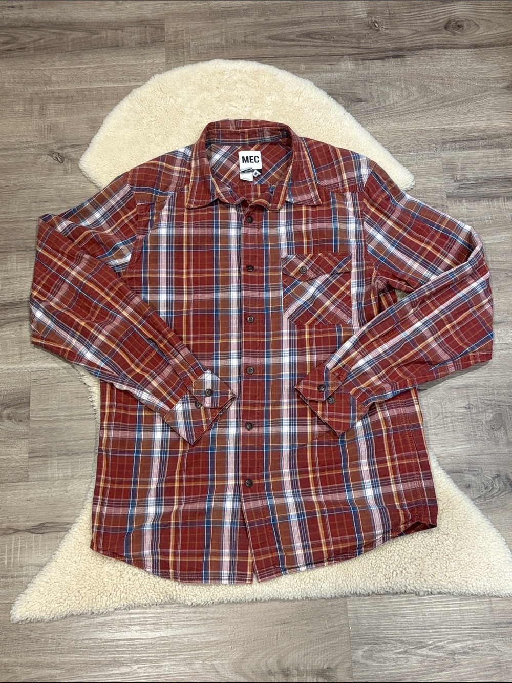 MEC Men's Rust and Blue Plaid Button-Down Shirt